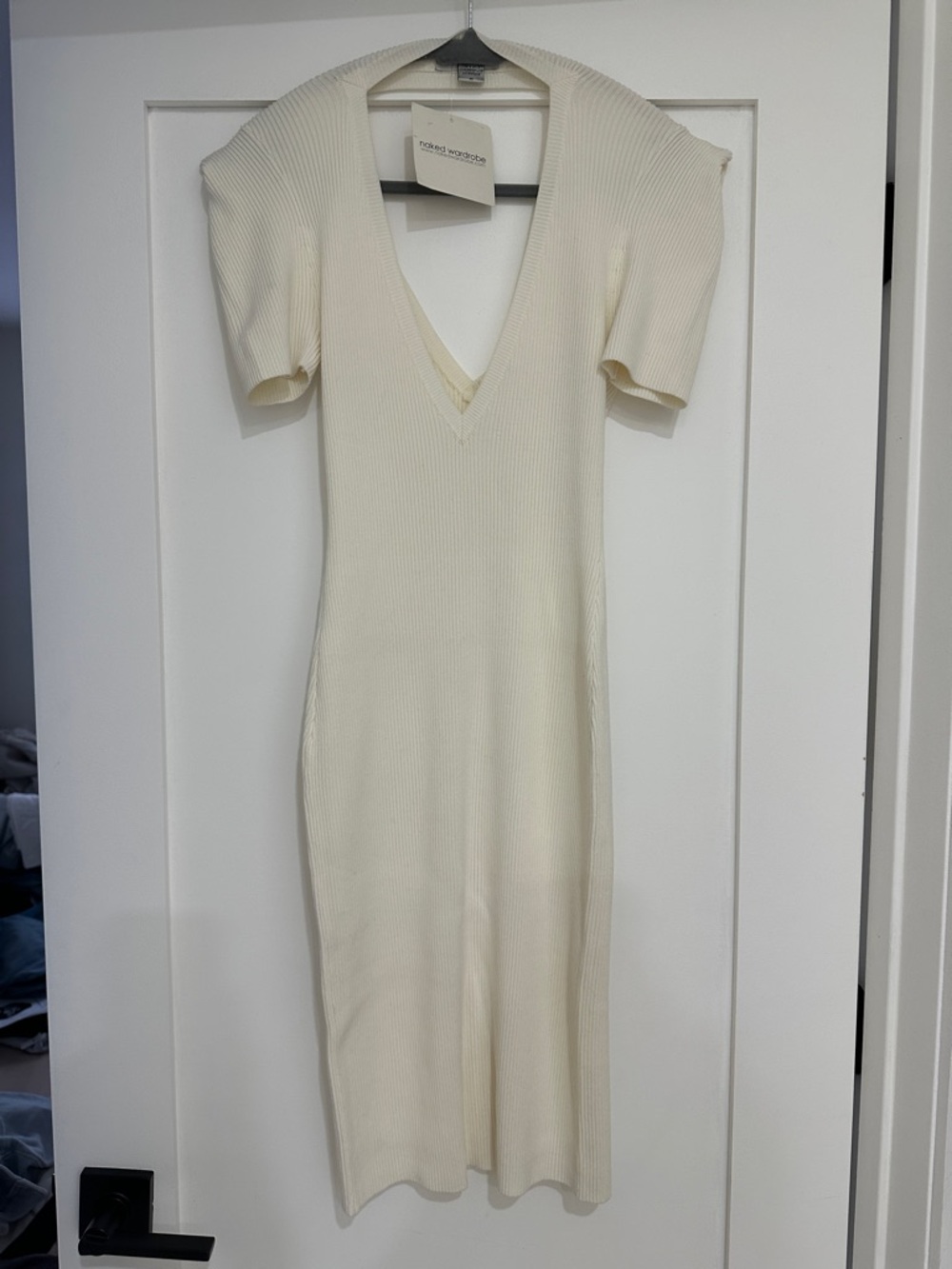 naked wardrobe Cream Ribbed V-Neck Midi Dress